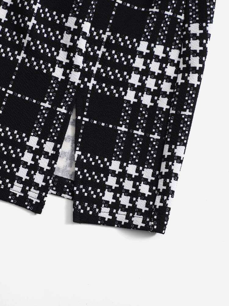 SHEIN EZwear Off Shoulder Lettuce Trim Tee and Plaid Print Skirt Set - Black - View 5