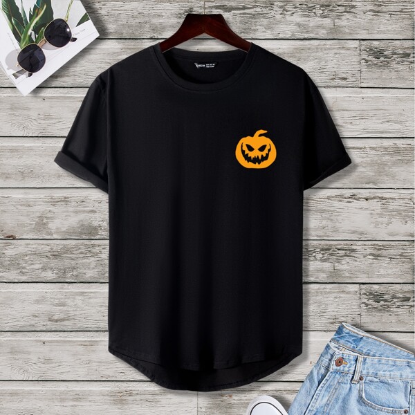 

Men Halloween Crew Neck Pumpkin Print Tee, Black