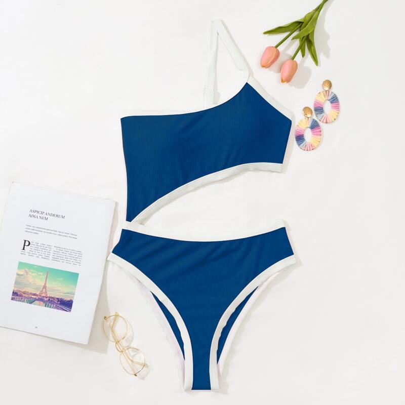 

Contrast Binding Cut-out One Shoulder One Piece Swimsuit, Blue
