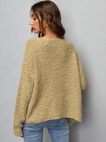 Sequin Detail Ripped Drop Shoulder Popcorn Knit Cardigan - Khaki - View 2