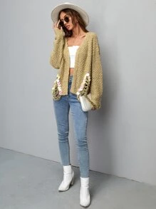 Sequin Detail Ripped Drop Shoulder Popcorn Knit Cardigan - Khaki - View 4
