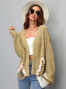 Sequin Detail Ripped Drop Shoulder Popcorn Knit Cardigan - Khaki - View 5