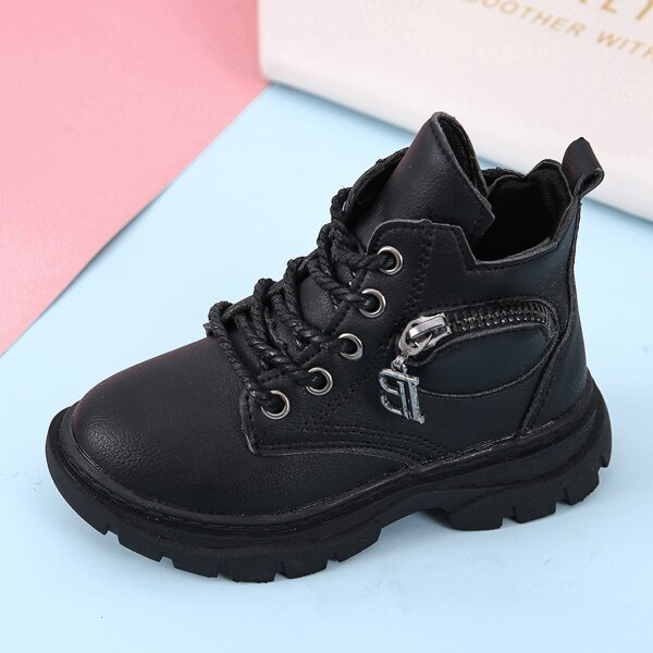 

Girls Metal Decor Lace-up Front Combat Boots, Black