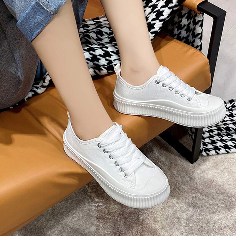 

Lace-up Front Flatform Canvas Shoes, White