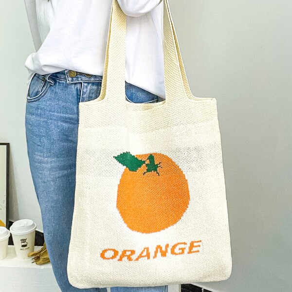 

Orange Graphic Knit Tote Bag, Beige