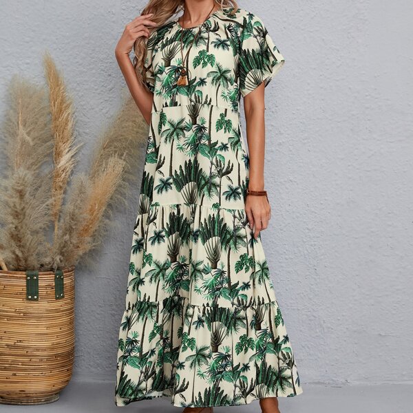 

Tropical Print Ruffle Hem Smock Dress, Multicolor
