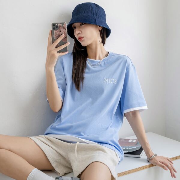 

Letter Print Round Neck Tee, Blue