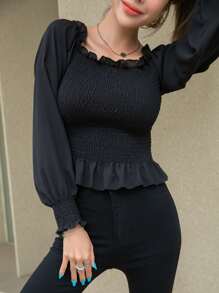 DAZY Blusa de hombros descubiertos ribete con fruncido - Negro - Ver 4