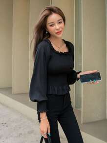 DAZY Blusa de hombros descubiertos ribete con fruncido - Negro - Ver 5