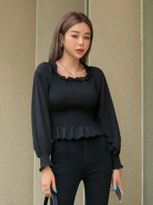 DAZY Blusa de hombros descubiertos ribete con fruncido - Negro - Ver 6