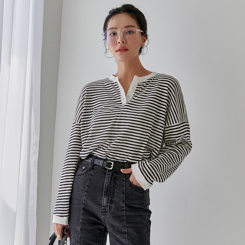 

Striped Half Button Tee, Black and white