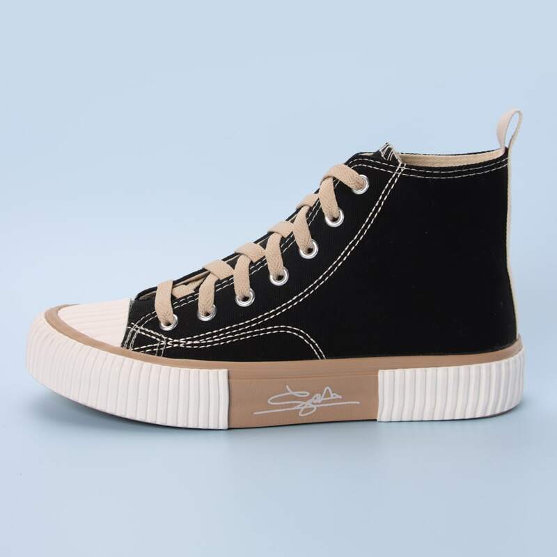 

Colorblock Pattern Lace-up Front Canvas Sneakers, Black