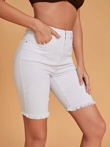 Slant Pocket Roll Hem Denim Shorts