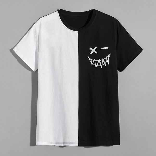 

Men Two Tone Cartoon Graphic Tee, Black and white
