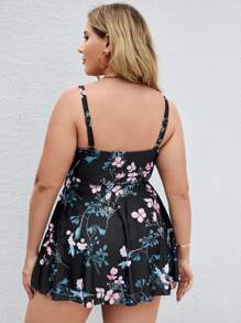 Swim Lushoire Summer Beach Plus Floral Print Swim Dress With Shorts - Black - View 2