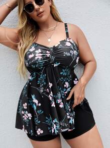 Swim Lushoire Summer Beach Plus Floral Print Swim Dress With Shorts - Black - View 3