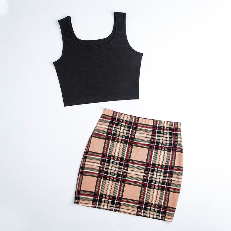 

Solid Ribbed Tank Top & Plaid Skirt, Multicolor