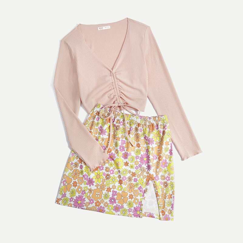 

Solid Drawstring Ruched Tee & Floral Print Split Skirt, Multicolor