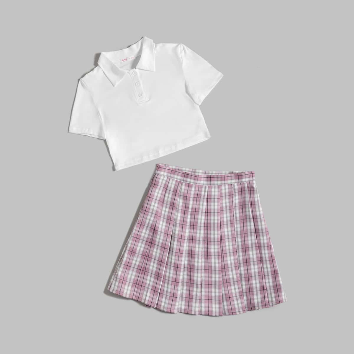 

Solid Polo Tee & Plaid Pleated Skirt, Multicolor