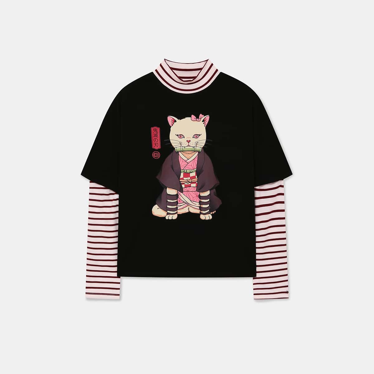 

2 In 1 Striped Sleeve Cat Graphic Tee, Black