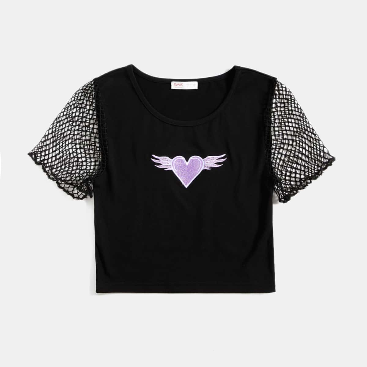 

Heart Embroidery Contrast Fishnet Crop Tee, Black