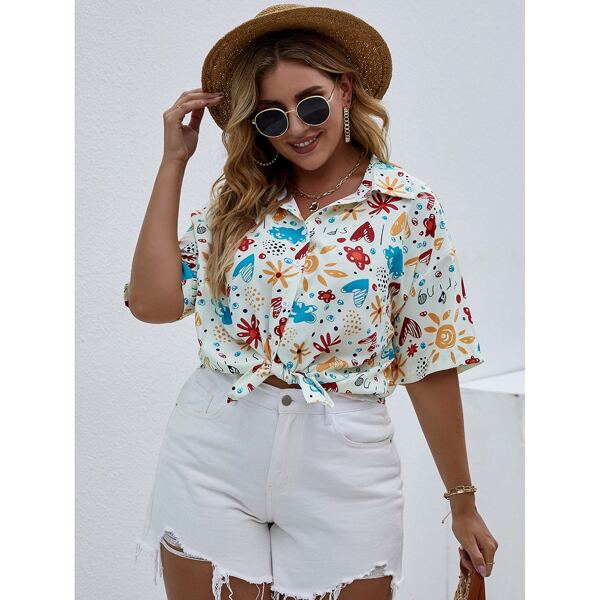 

Plus Drop Shoulder Allover Print Blouse, Multicolor