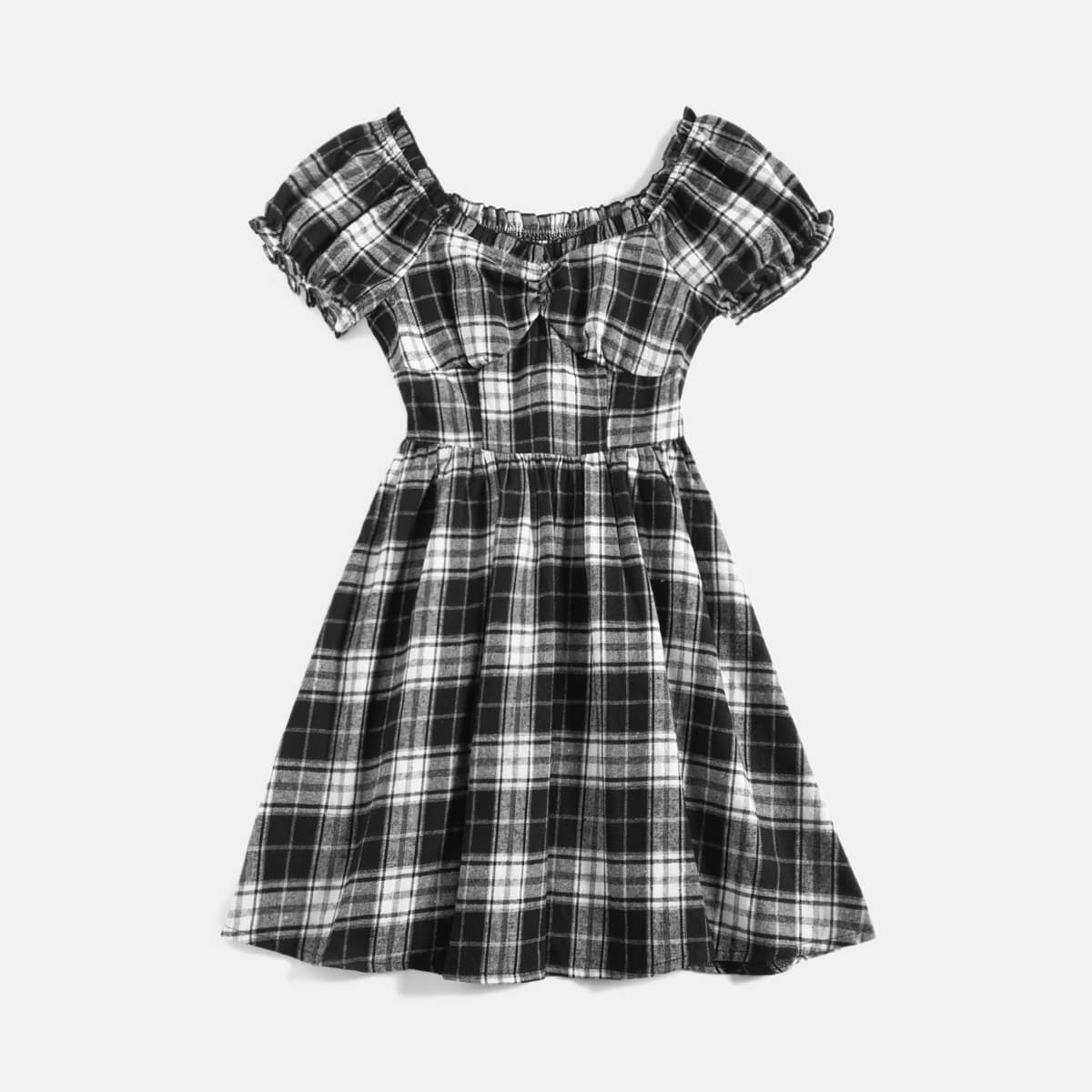 

Plaid Frill Trim Puff Sleeve Dress, Black and white