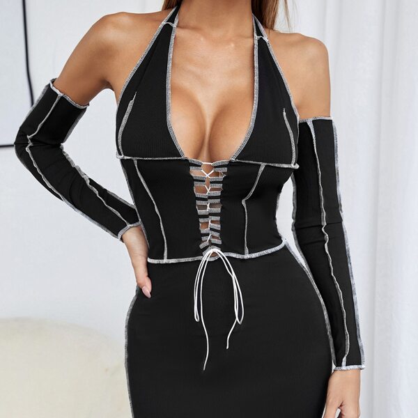 

Lace Up Front Topstitching Bodycon Halter Dress With Arm Sleeve, Black