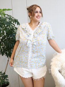Blusa Con Ribete De Volante Y Encaje En Contraste Con Estampado Floral De Florecitas - Celeste - Ver 1