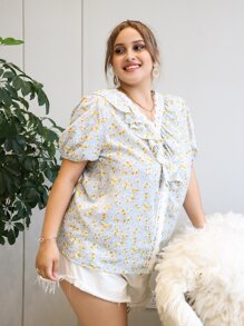 Blusa Con Ribete De Volante Y Encaje En Contraste Con Estampado Floral De Florecitas - Celeste - Ver 3