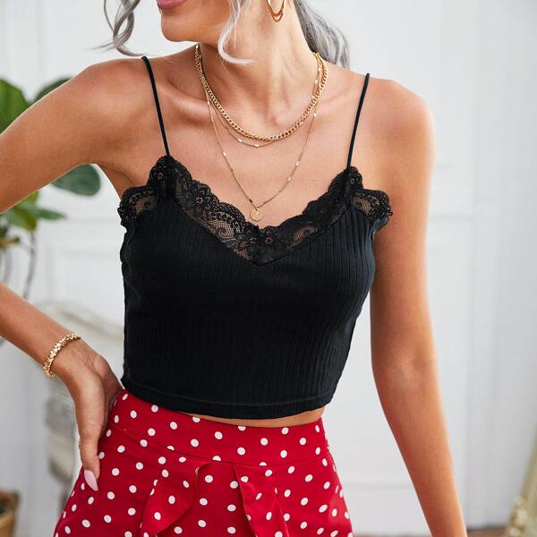

Lace Trim Rib Knit Cami Top, Black
