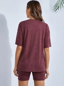 SHEIN Maternity Solid Drop Shoulder Tee & Cycling Shorts - Maroon - View 3