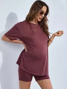 SHEIN Maternity Solid Drop Shoulder Tee & Cycling Shorts - Maroon - View 4