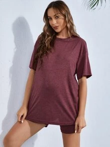 SHEIN Maternity Solid Drop Shoulder Tee & Cycling Shorts - Maroon - View 7