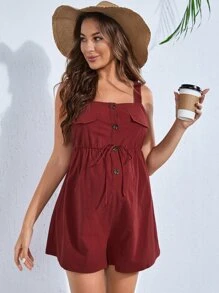 SHEIN 孕婦半排扣前繫帶吊帶連體短褲 - 酒紅色 - 查看 3