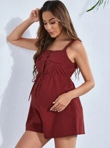 SHEIN 孕婦半排扣前繫帶吊帶連體短褲 - 酒紅色 - 查看 4