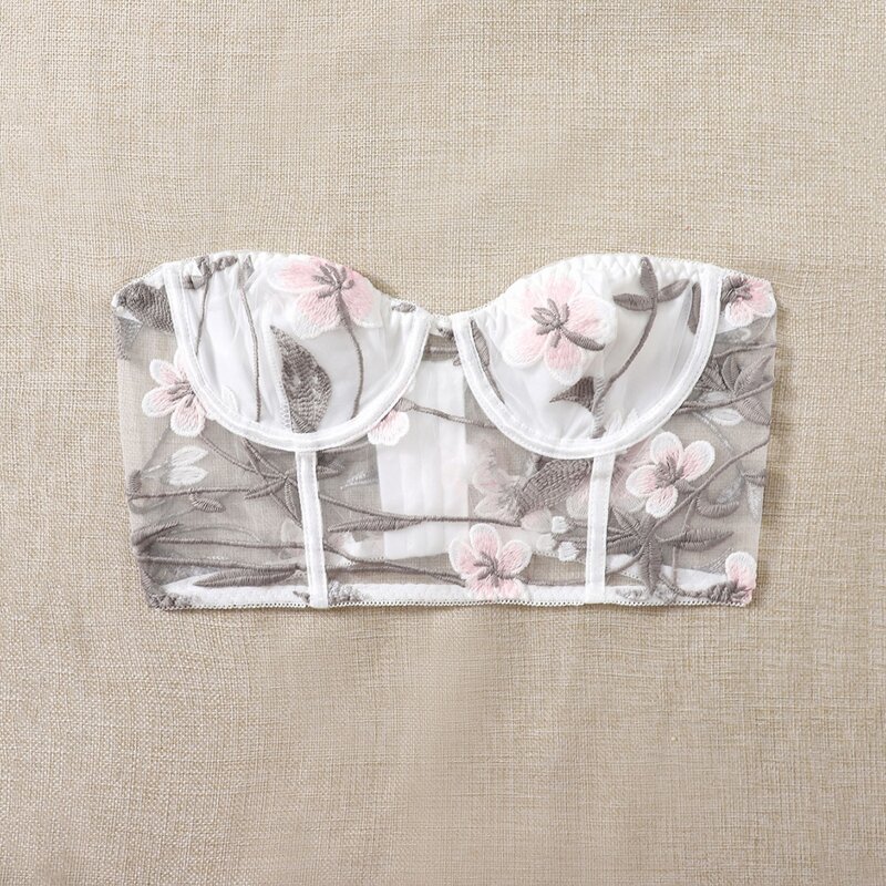 

Floral Embroidery Mesh Crop Top, Black and white