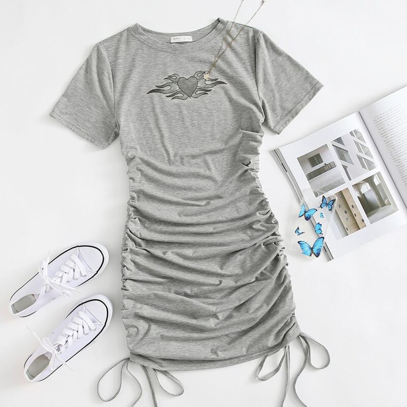 

Heart Print Drawstring Bodycon Cami Dress, Light grey