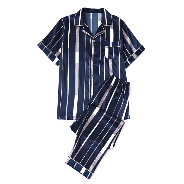 

Men Striped Button Front Satin Pajama Set, Blue