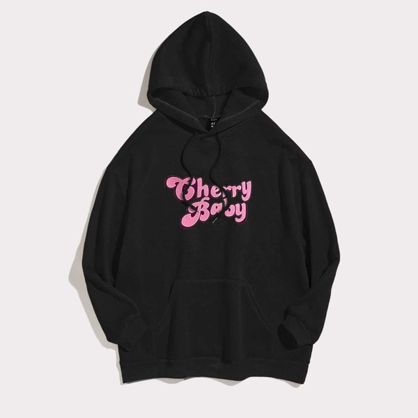 

Kangaroo Pocket Letter Print Hoodie, Black