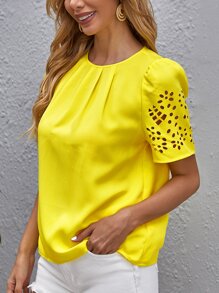 SHEIN Clasi 泡泡袖鏤空細節上衣 - 黃色 - 查看 6