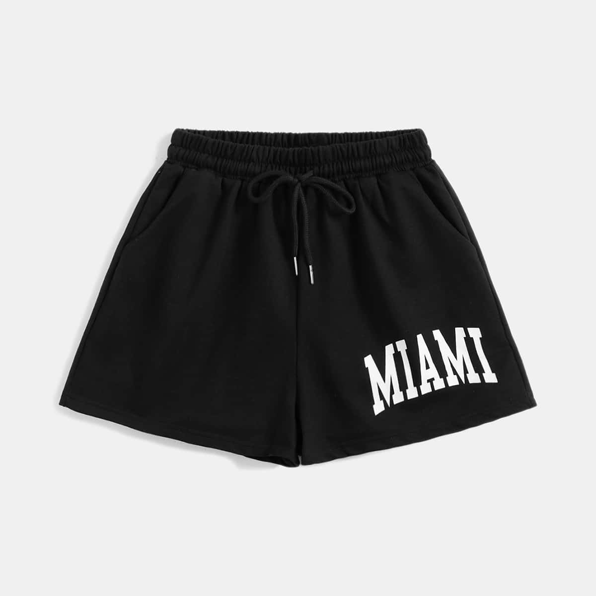 

Letter Drawstring Track Shorts, Black