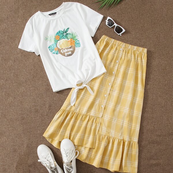 

Plus Tropical Print Knotted Tee & Plaid Skirt Set, Multicolor