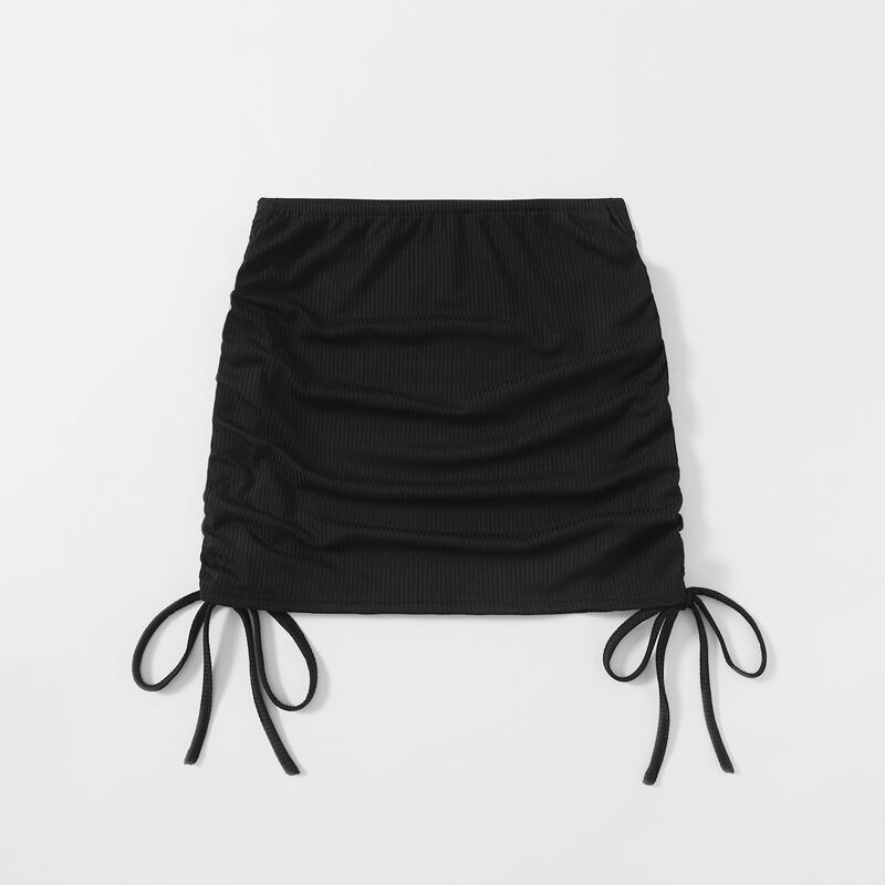 

Solid Ribbed Drawstring Skirt, Black