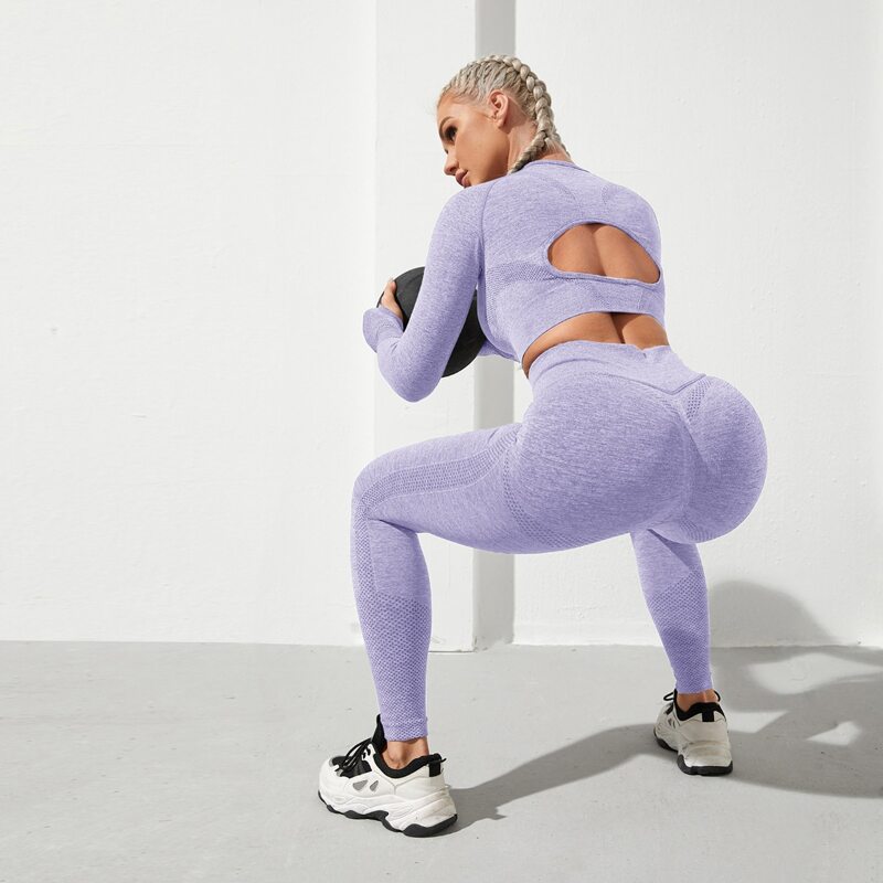 

Cut Out Back Thumb Holes Crop Sports Tee & Leggings, Lilac purple