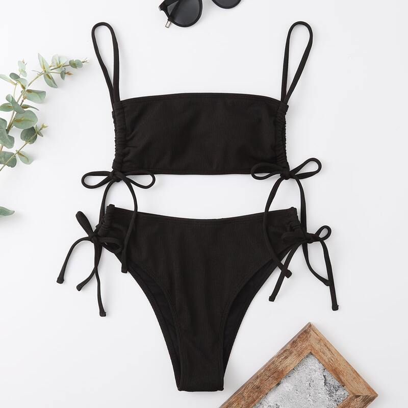 

Solid Drawstring Bikini Swimsuit, Black