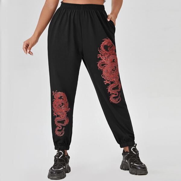 

Plus Chinese Dragon Print Sweatpants, Black