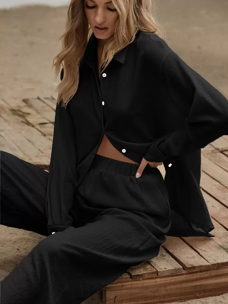 Siren Gaze 2pcs/Set Women Print Long Sleeve Shirt And Casual Airport, Vacation Outfit, Autumn Boho Winter Black Spring Holiday Resort - Black - View 1