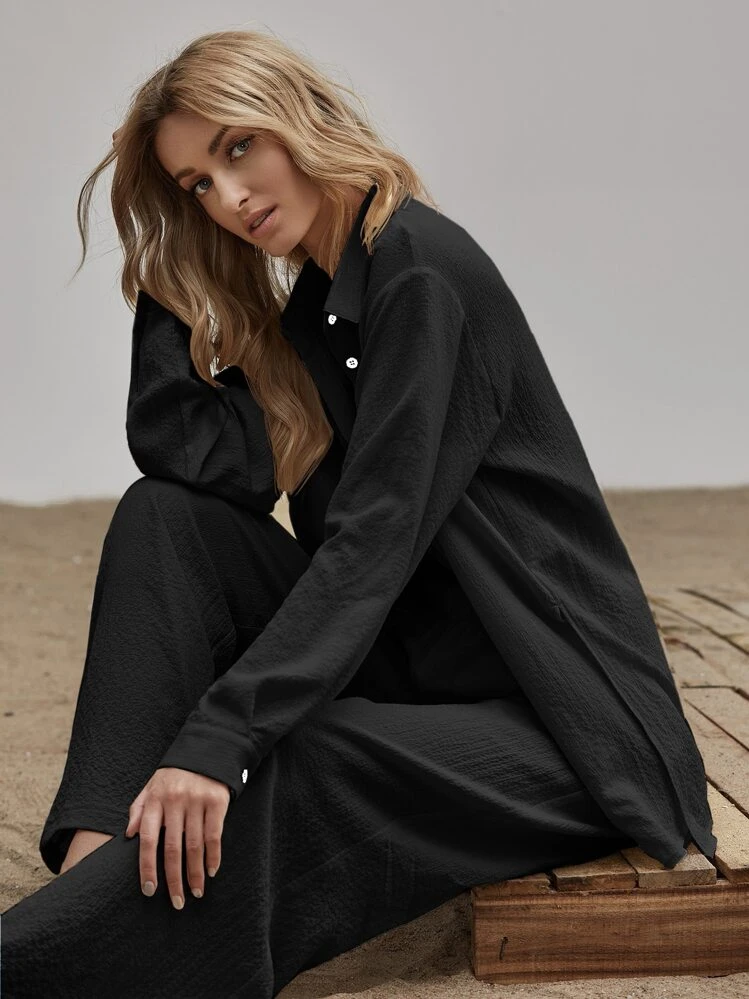 Siren Gaze 2pcs/Set Women Print Long Sleeve Shirt And Casual Airport, Vacation Outfit, Autumn Boho Winter Black Spring Holiday Resort - Black - View 3