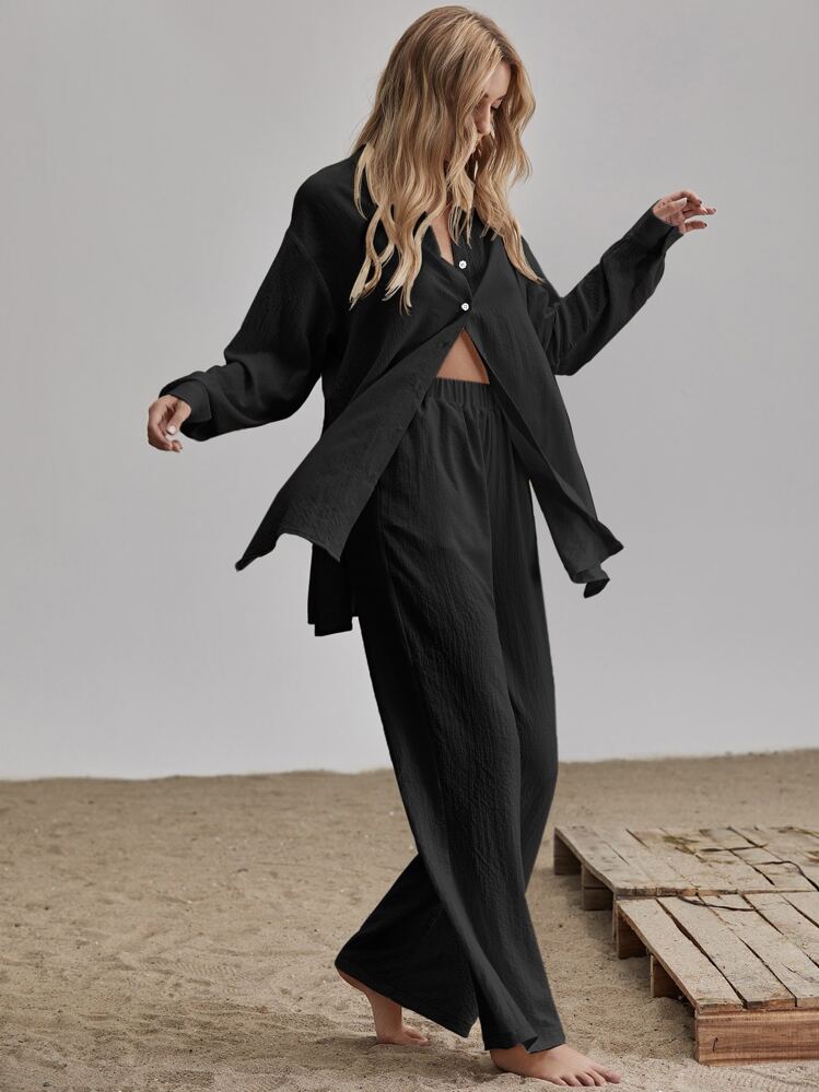 Siren Gaze 2pcs/Set Women Print Long Sleeve Shirt And Casual Airport, Vacation Outfit, Autumn Boho Winter Black Spring Holiday Resort - Black - View 5